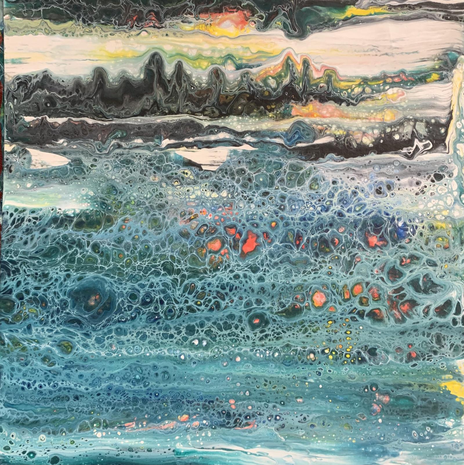I have begun experimenting (playing) with acrylic pouring. This piece started out very differently. The bottom half was swiped and created amazing cells. I wiped off the top half and added more paint. Then the paper was tilted in several directions to create the background. I am imagining waves with a mountain scape in the background.