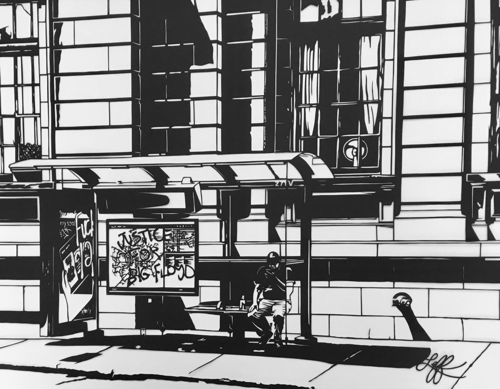 This piece is hand cut from a single sheet of black paper using an X-Acto knife. It is based on a photo I took here in Baltimore during a protest in response to the murder of George Floyd.