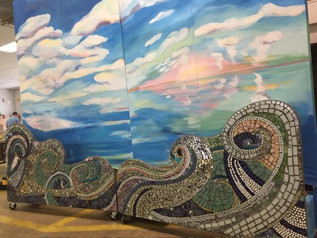 Made to be a stage backdrop for community musical events for the Chesapeake Center for Disabled Adults in Easton MD. The mosaic portion was created with the clients that attend and receive services at the Facility.