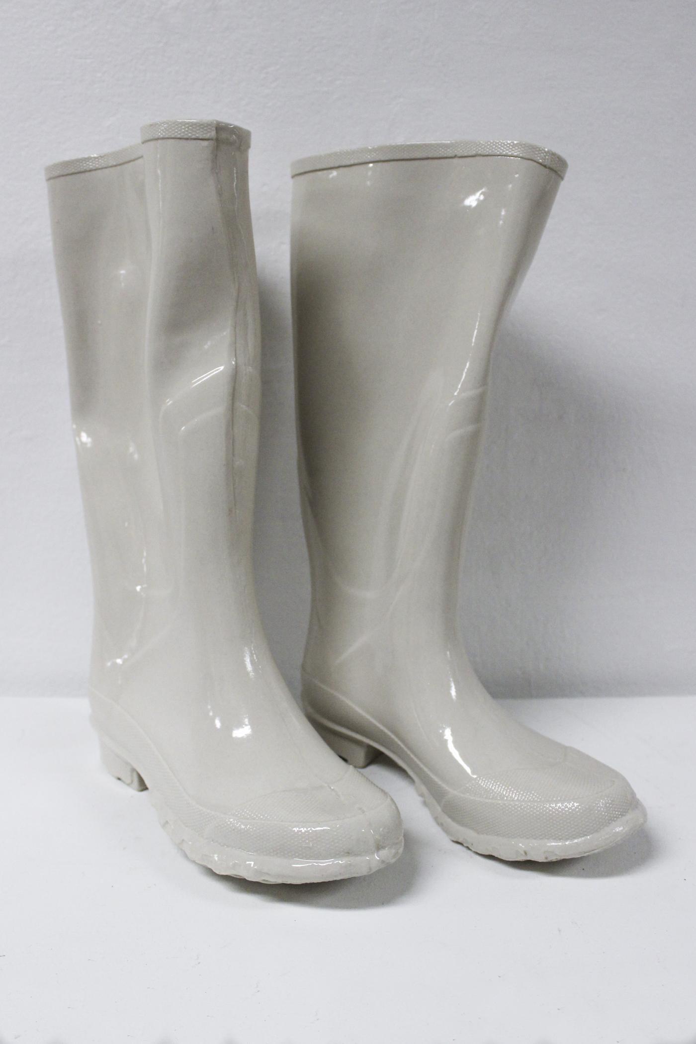 Slipcast porcelain mud boots, part of Home & Hearth installation in 2018.