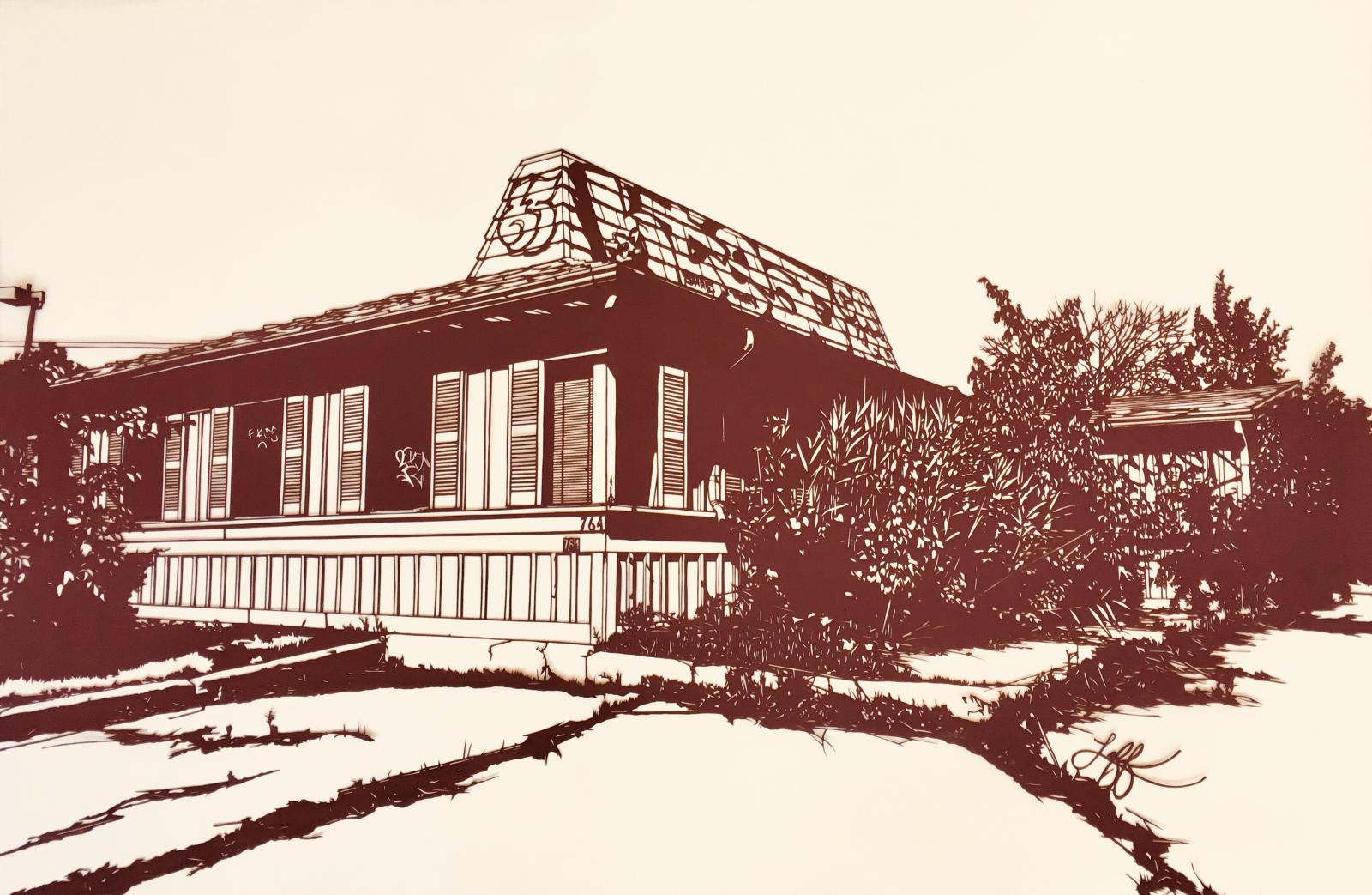 This piece is hand cut from a single sheet of burgundy paper using an X-Acto knife.  It is based on a photo I took in South Burlington, Vermont.