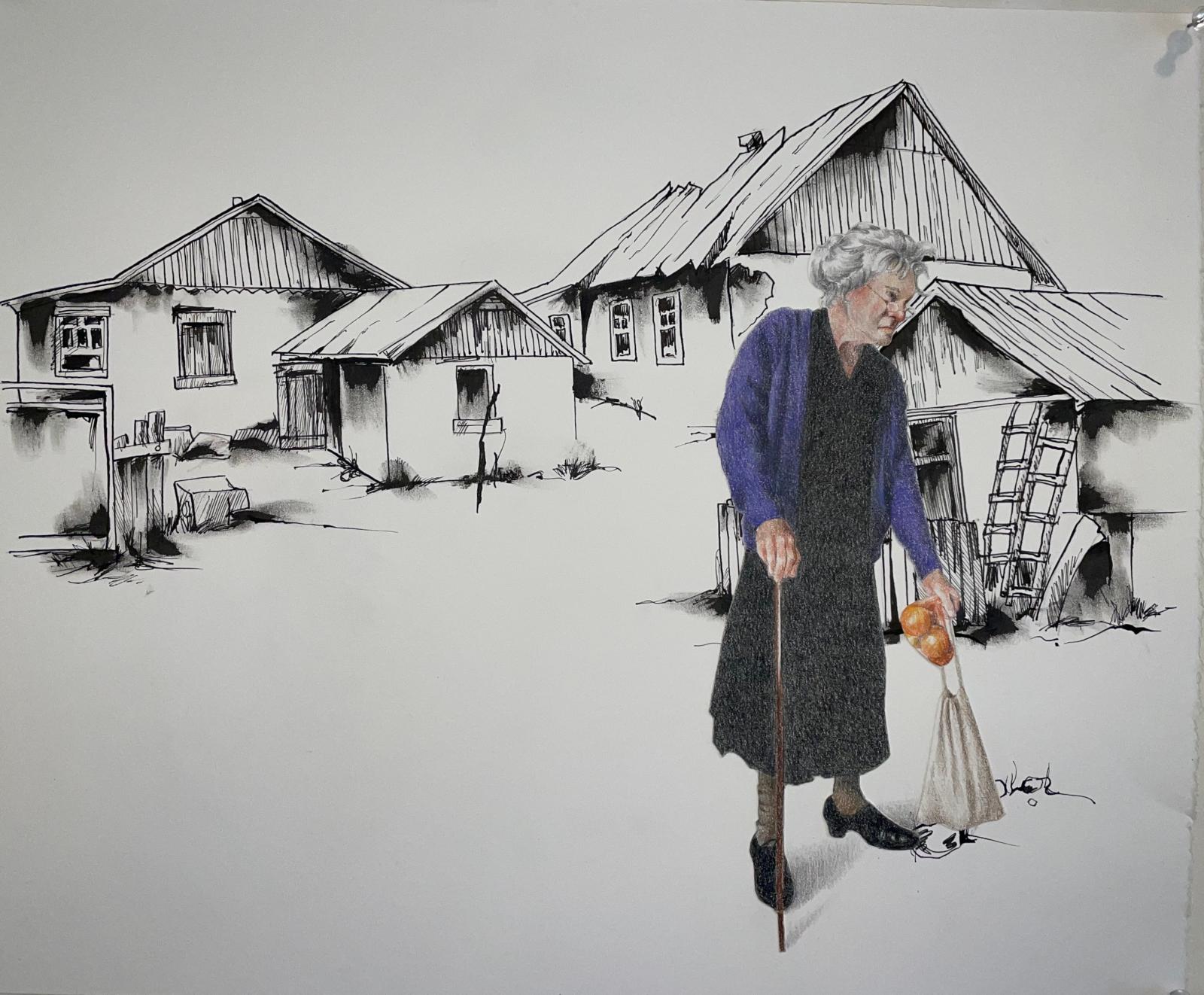 The Old Woman appears from her house with an offering of potatoes and onions for the soup. One of ten illustrations for the folktale, Stone Soup.