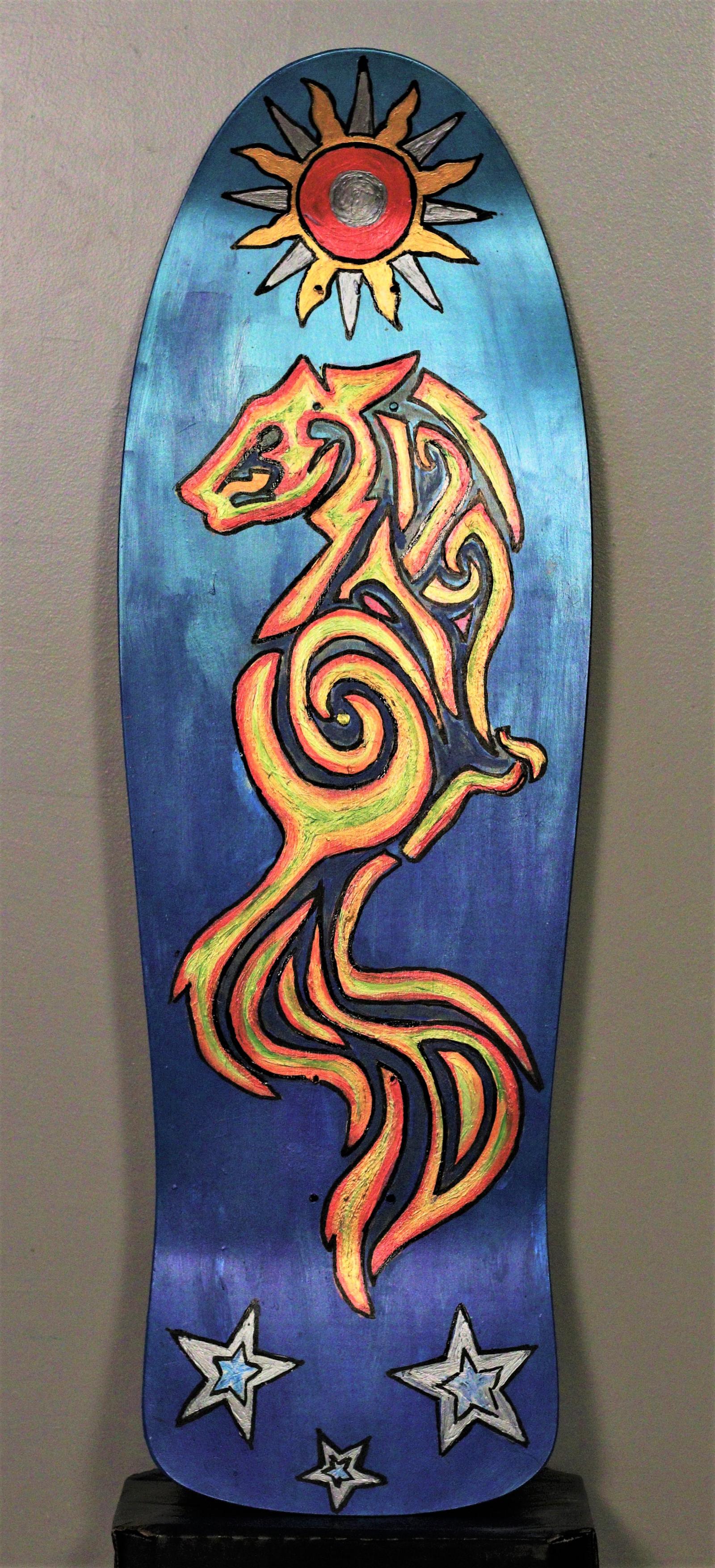 Celtic Fox on a skate board deck. The fox symbolizes mischief, opportunity, playfulness, agility, cleverness, wisdom, beauty, luck, curiosity, and charm.