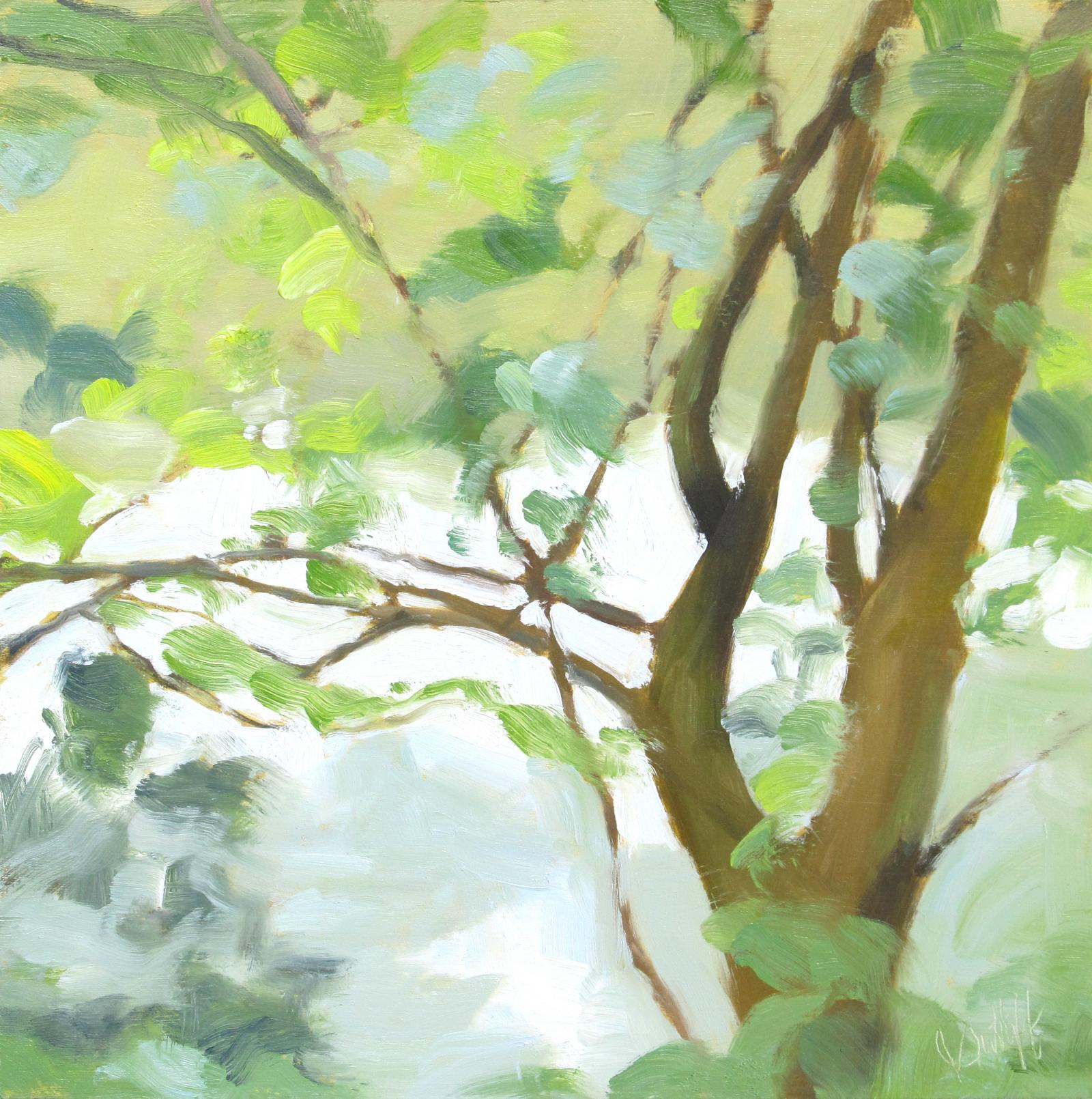 I painted this at the edge of the smaller upper pond in County Home Park, Maryland. This was one of those paintings where you're moving along, making plans to do more, and suddenly realize what you have is enough. The light was quiet but the brighter greens sang along with the subdued blues and grey-blues.