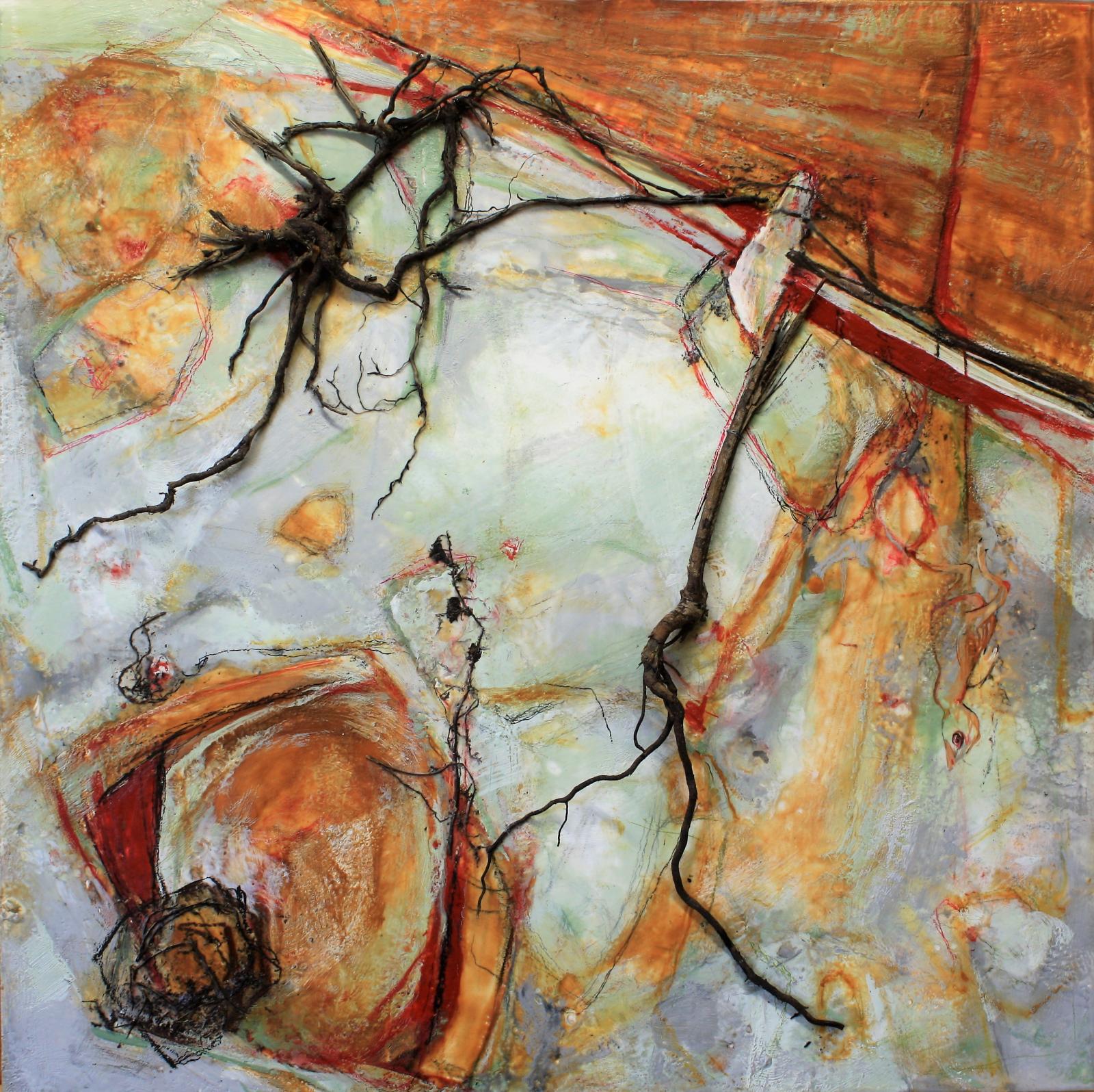 Encaustic with Tree Roots on Panel