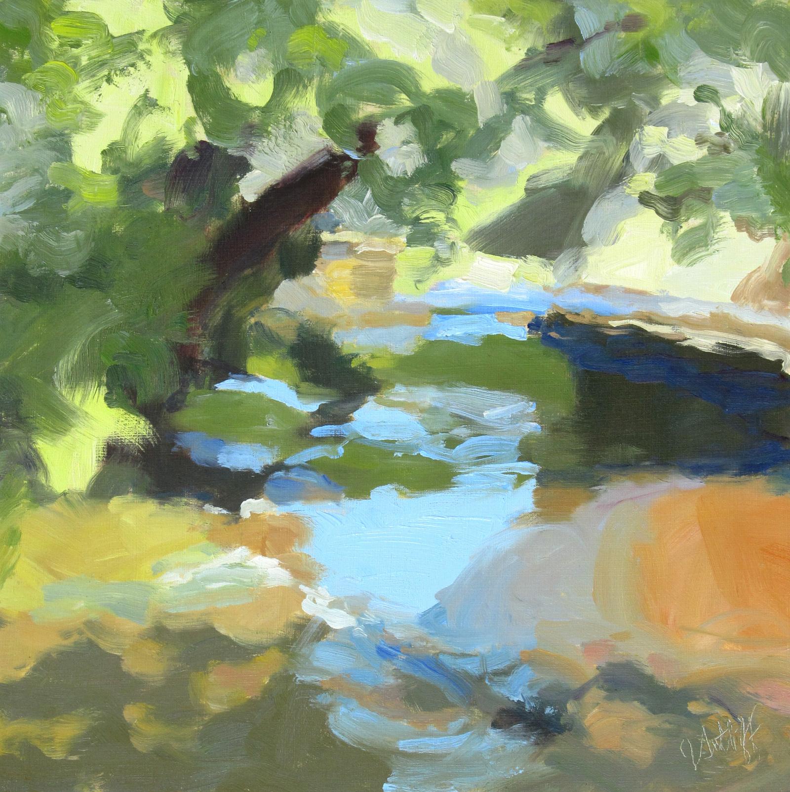 I painted this alongside the Gunpowder River in Sparks, Maryland. The water fell in a small, musical rapid and the bright light of midday created a brilliant play of colors, particularly the coppery creek bottom complementing the bright blue reflected sky.