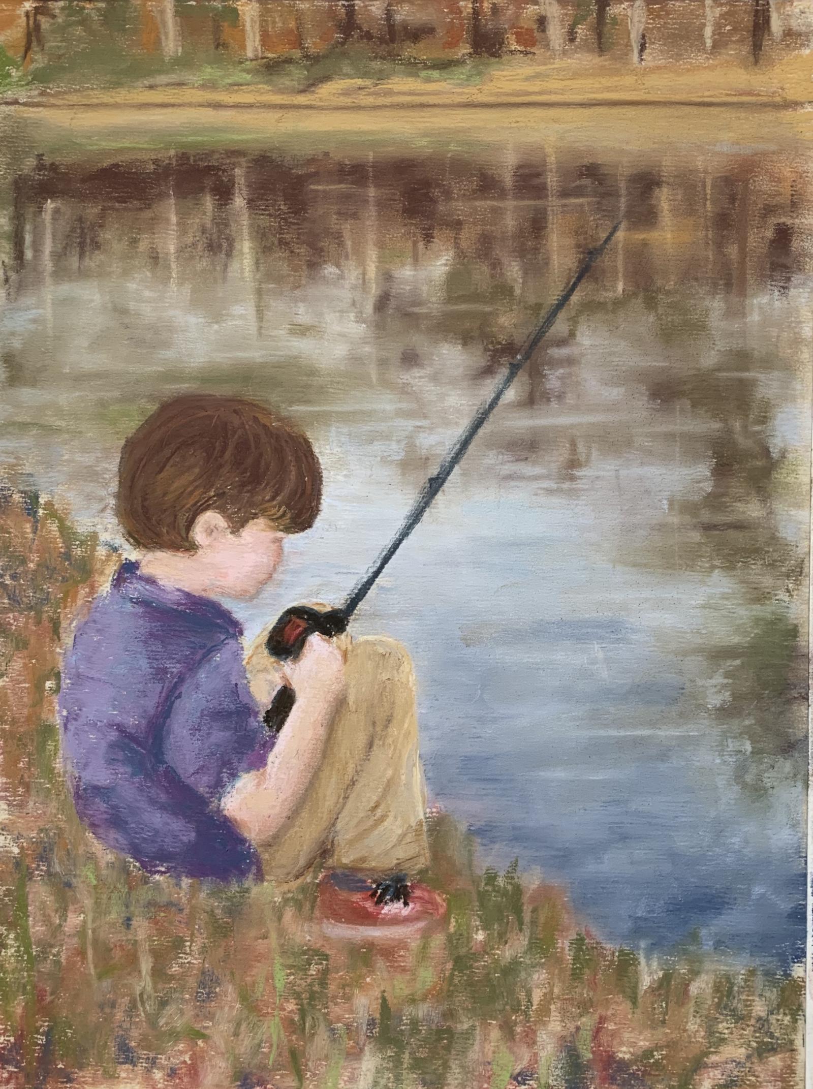 This painting is my nephew's little boy patiently waiting for his first fish of the day. Such a peaceful scene. It is a 9x12 pastel on sanded paper