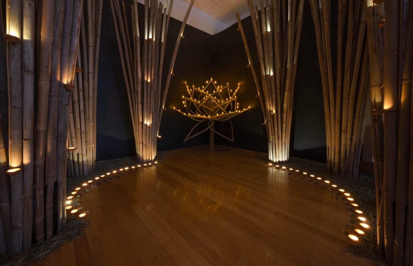 This art installation was commissioned by the Asian Arts and Culture Center at Towson University. It revolved around creating a bamboo forest where visitors can enter a gallery space surrounded by tall stalks of bamboo and experience the Diwali tradition of lighting diyas. In the middle of the space we bended stalks of fresh bamboo in the shape of lotus flower, a flower significant in many east Asian cultures. Each petal of the flower held several empty diyas, during our gallery opening/lighting ceremony electric candles were handed to visitors entering the space. Each visitor could then place their candle into one of the empty diyas eventually causing the dark installation space to glow with light.