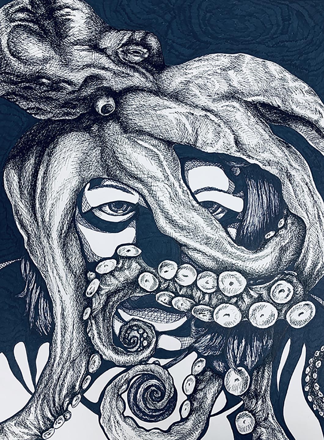 Pen and Ink drawing of octopus on my head.