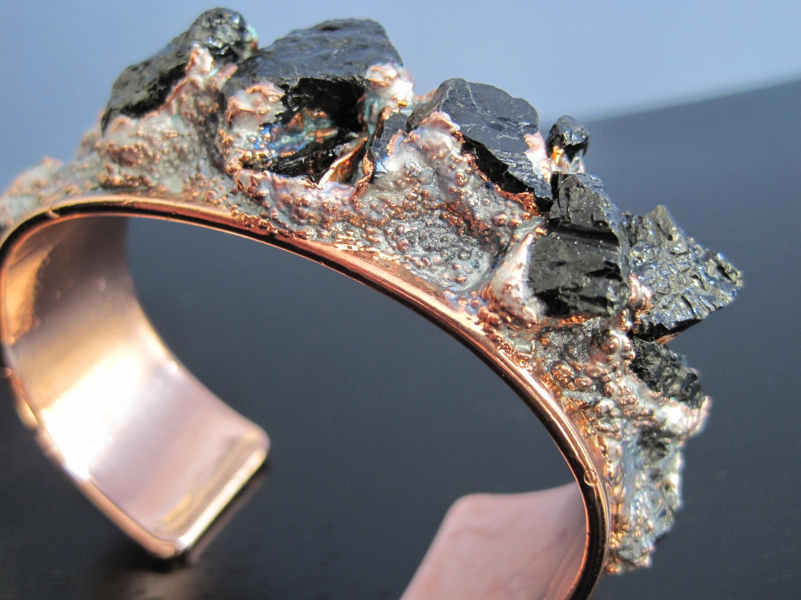 Copper electroformed cuff with encapsulated beach sand and raw black tourmaline