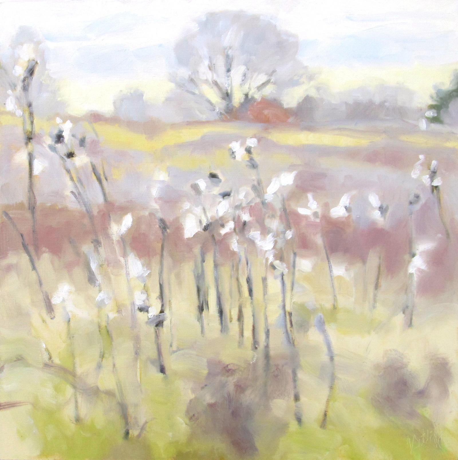 I painted this at the edge of a grassy field in County Home Park, Maryland, where the milkweed plants delight me throughout the seasons. In November, the plants' pods break open and spill their silk. This day, the loose silk was catching the bright midday sunlight against the golds, roses, and purples of the fall field.