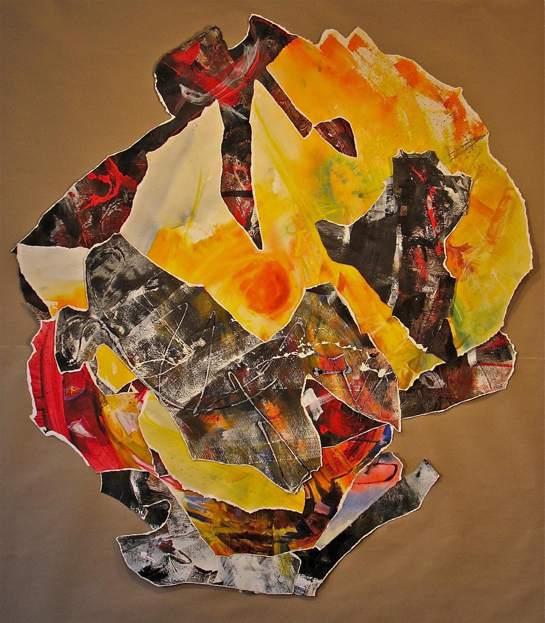 Artwork is combination of watercolor, acrylic, pastel and other mixed media, torn, assembled with acrylic matte medium on all surfaces. It is mounted on plywood also  coated with acrylic medium. Plywood has been cut with jigsaw to within 1-2" of outside edges of paper. Mounting hardware is attached to back.

