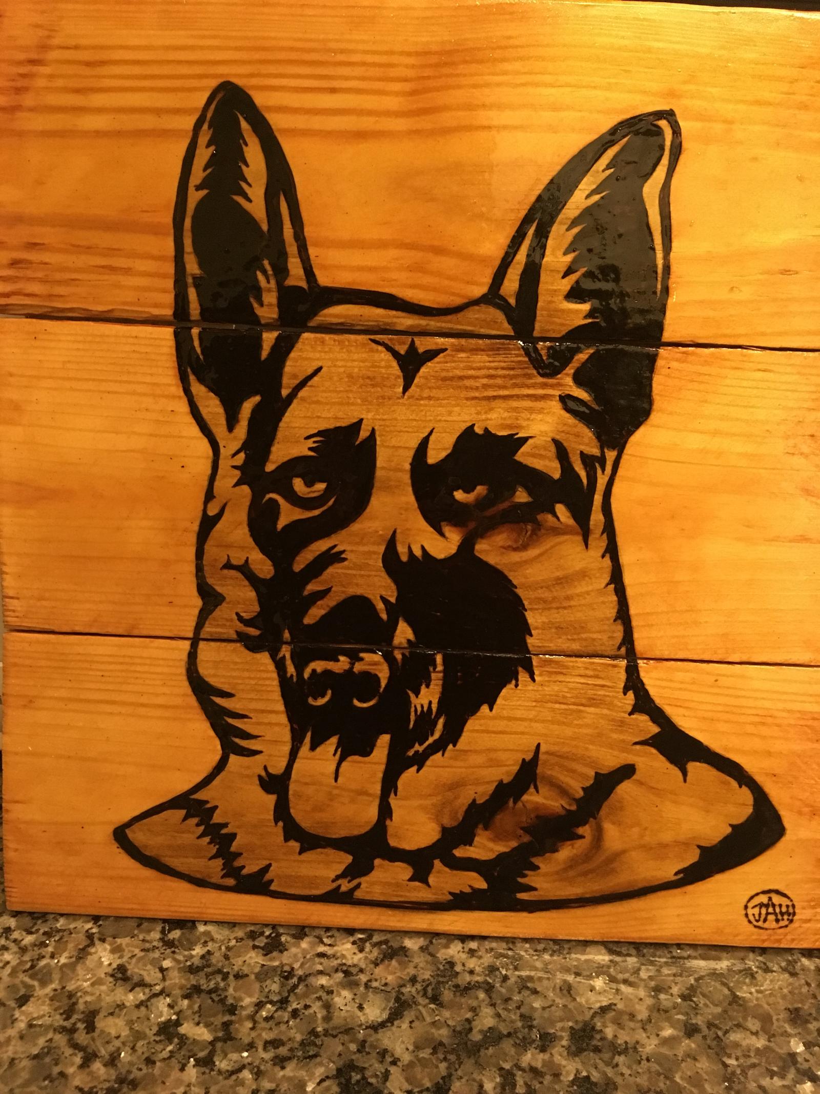 wood burned German shepherd on reclaimed pallet wood