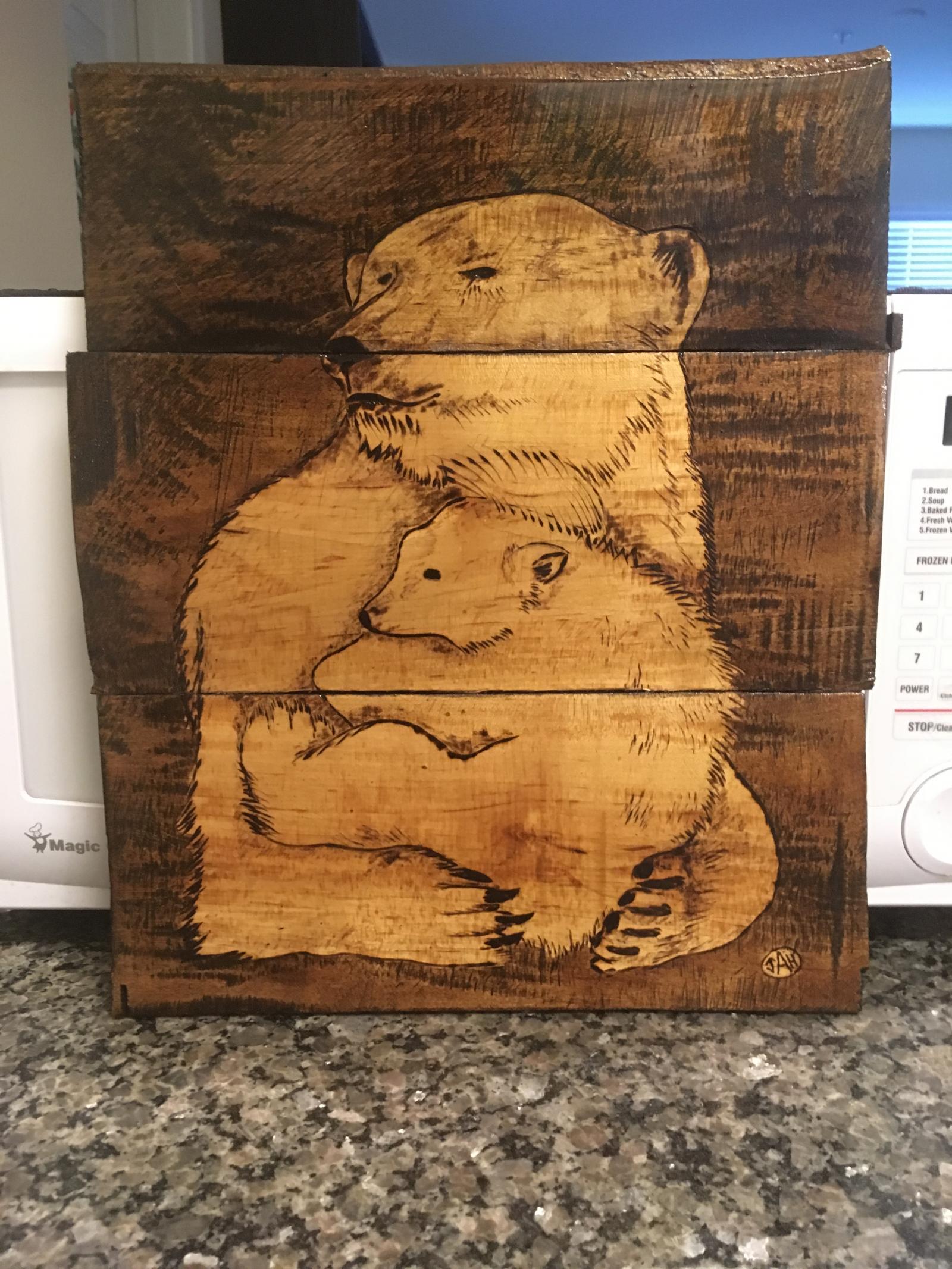 Mother and baby polar bear wood burned on reclaimed pallet wood