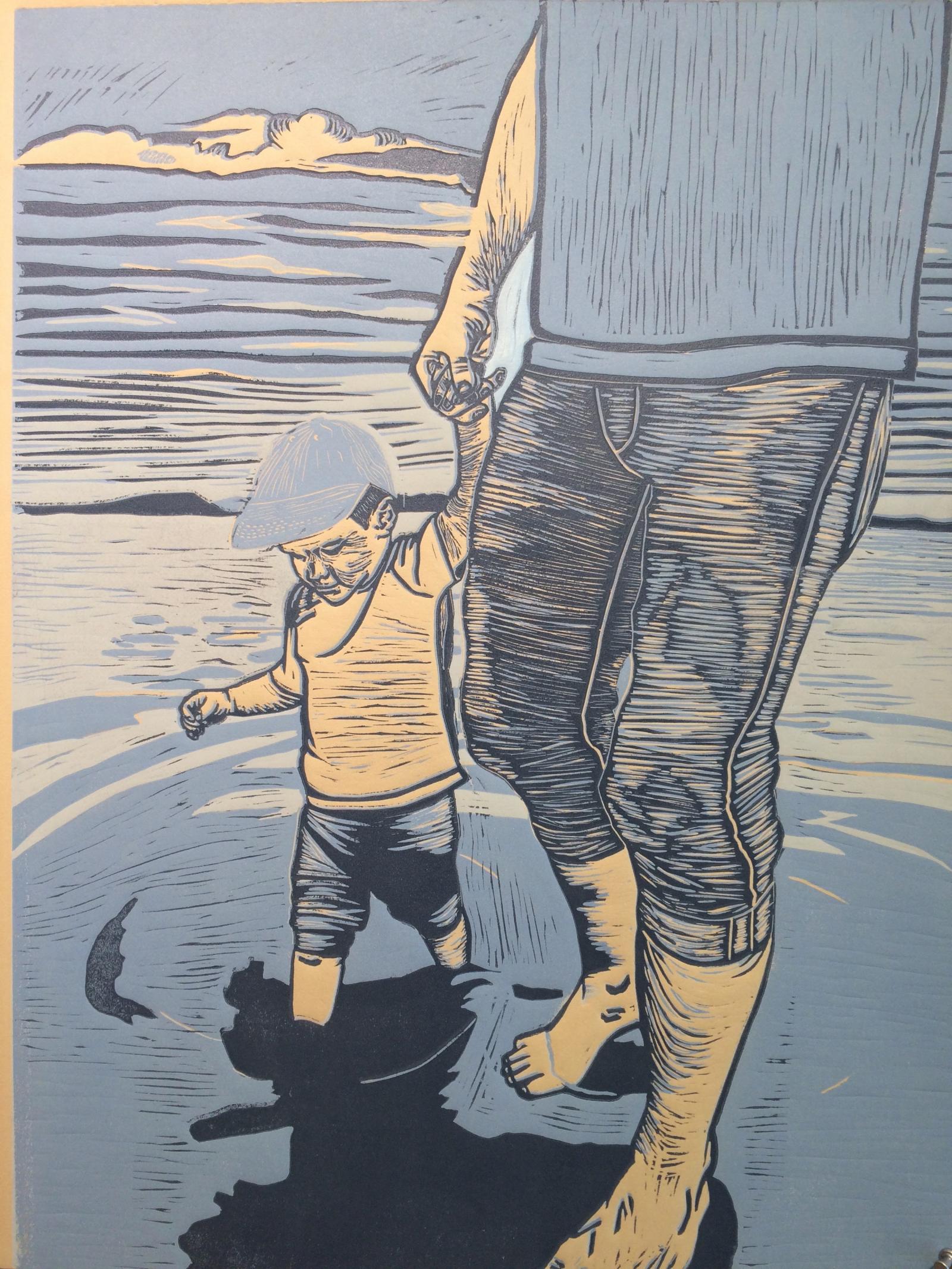 This is a 3 layer Linoleum Block Print, printed on BFK paper. It is a picture of my partner and my son walking in the water when he is about 1.5 years old.
