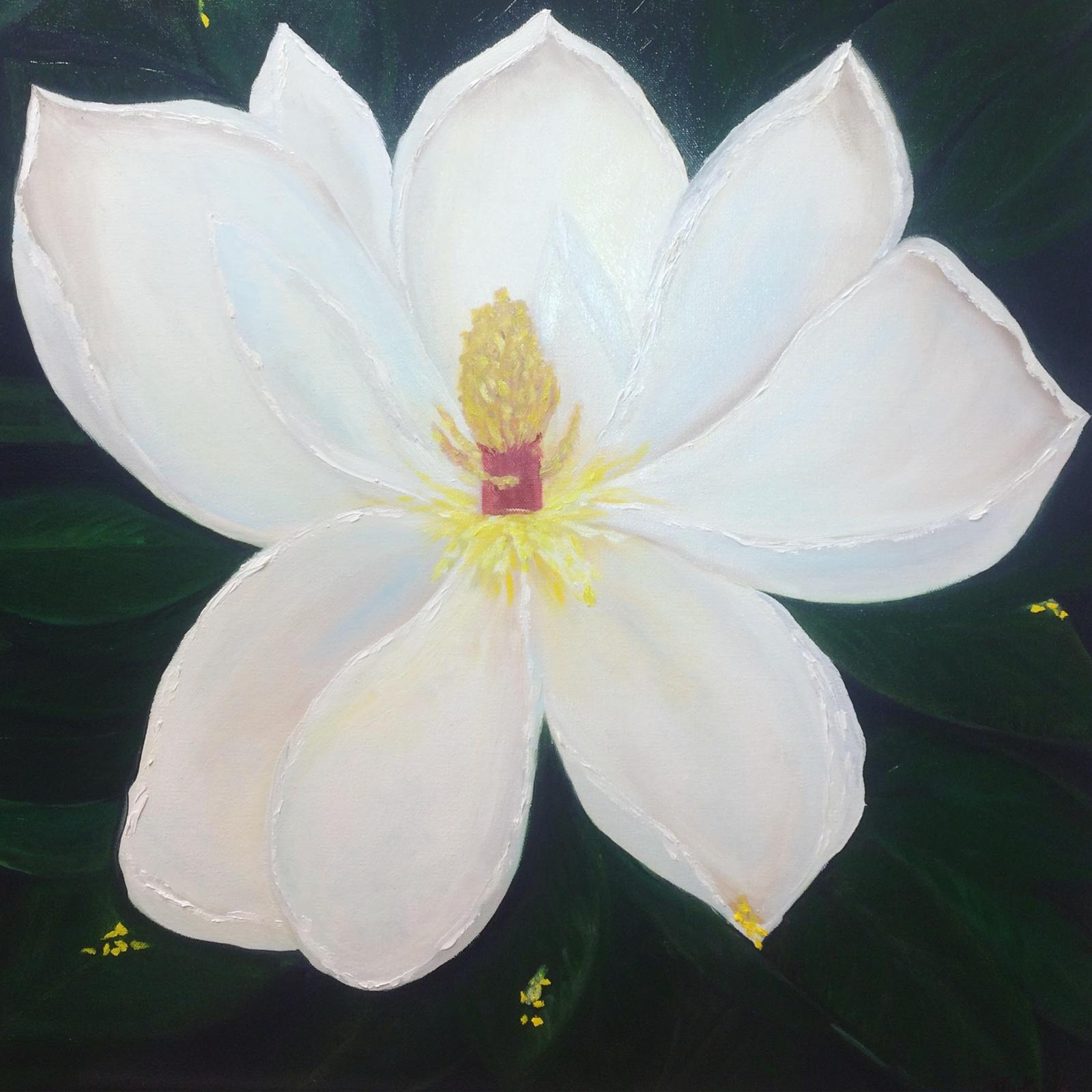 The beauty of oil painting can't be beat. I've chosen oil paints and a deep edge canvas to give this painting the look of a classic yet contemporary piece of art. It will look great hanging in any setting. This painting is inspired the magnolia tree near my home. I fell in love with the big beautiful magnolia flowers. My brush just flowed and created this beautiful eye catching flower.

The beauty in nature is all around us but sadly gets ignored since we either get too preoccupied in the daily routines of life. Painting nature is my humble effort to bring mankind closer to The creator and its creation. I hope this painting will bring peace and beauty in someone's home or office.
