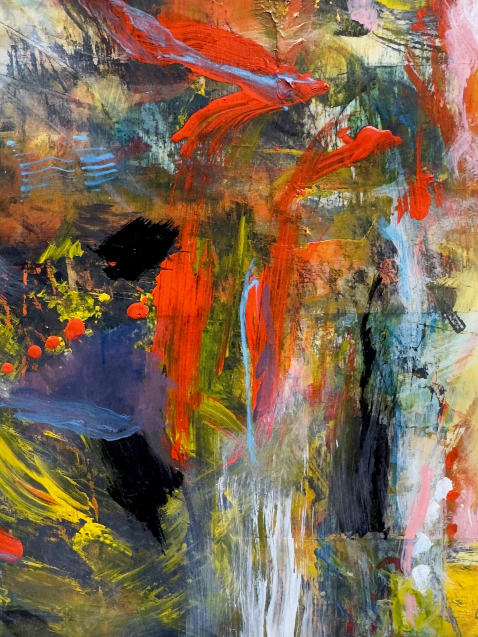 This energetic painting demonstrates the artist's knowledge of composition and visual drama. The scale of this work is diminutive, however a comparable work from two decades prior can be viewed on the Artwork Archive link for Patricia Buck shown on this artist's portfolio. There you can view her painting on canvas "What Noise???," which measures 223.52 cm x 198 cm.