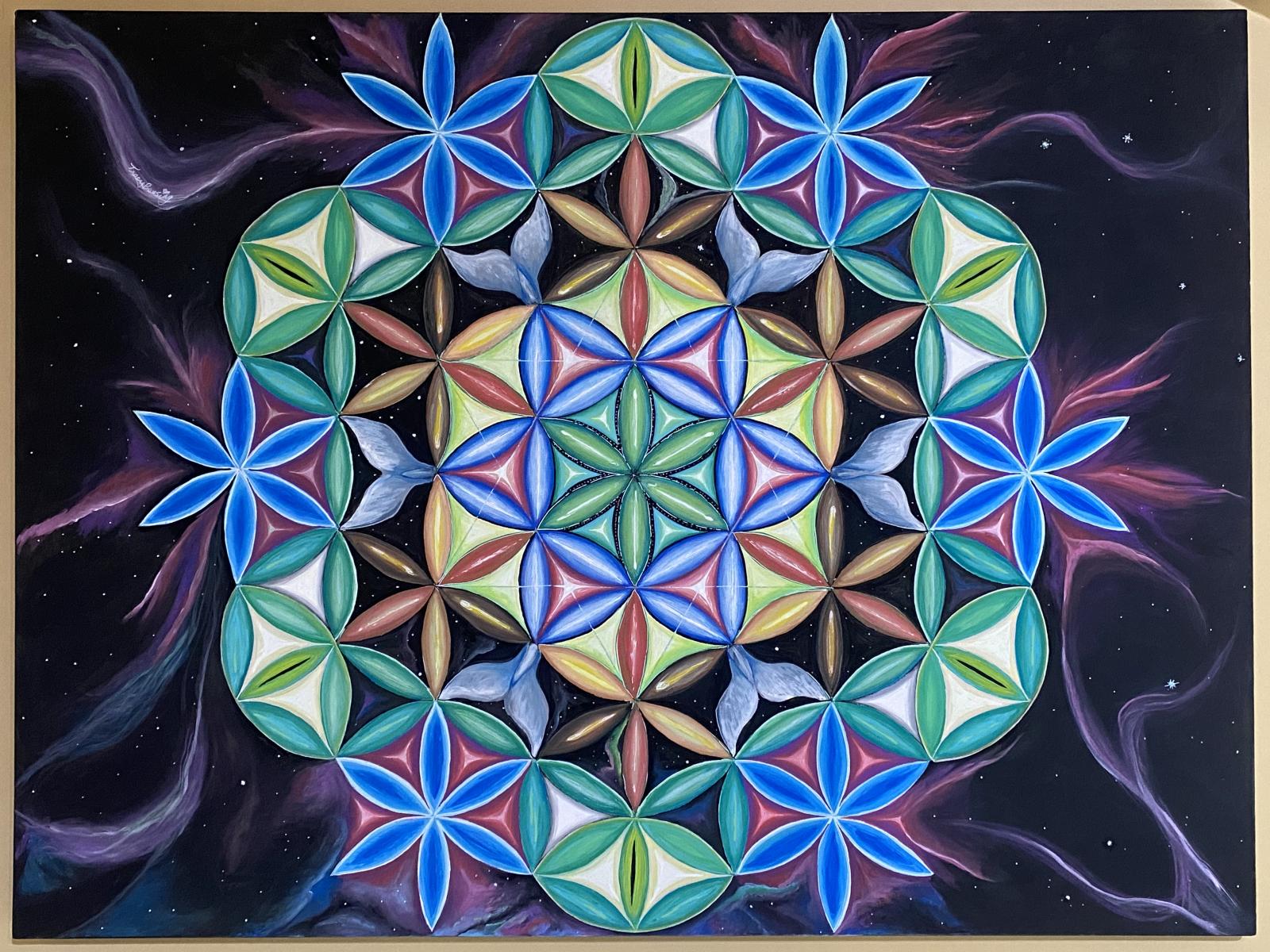 The Tree of life is transformed into a portal to transcend dimensions and meditation. Peering and into this images conjures possibilities inherent in the mind's eye.