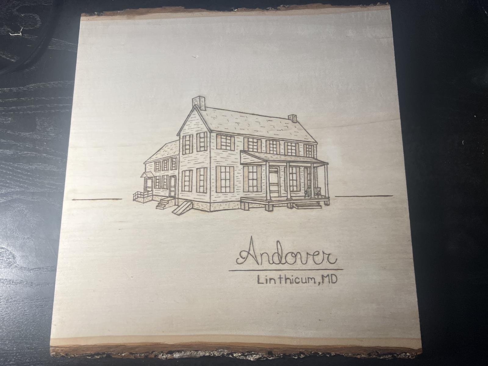 This hand-burned piece of basswood features an image of the historic Andover home in Linthicum, Maryland.