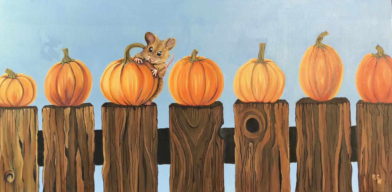 Fun whimsical painting of a little mouse with a big appetite!