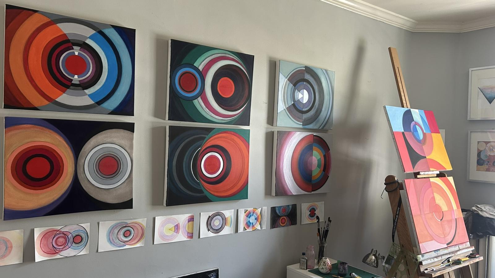 Within my studio , the series Signals and Frequencies have evolved in dialogue with one another - the works inform each other through relationships of form, color, and spatial tension. At the same time each piece holds its own inherent meaning within the larger context.