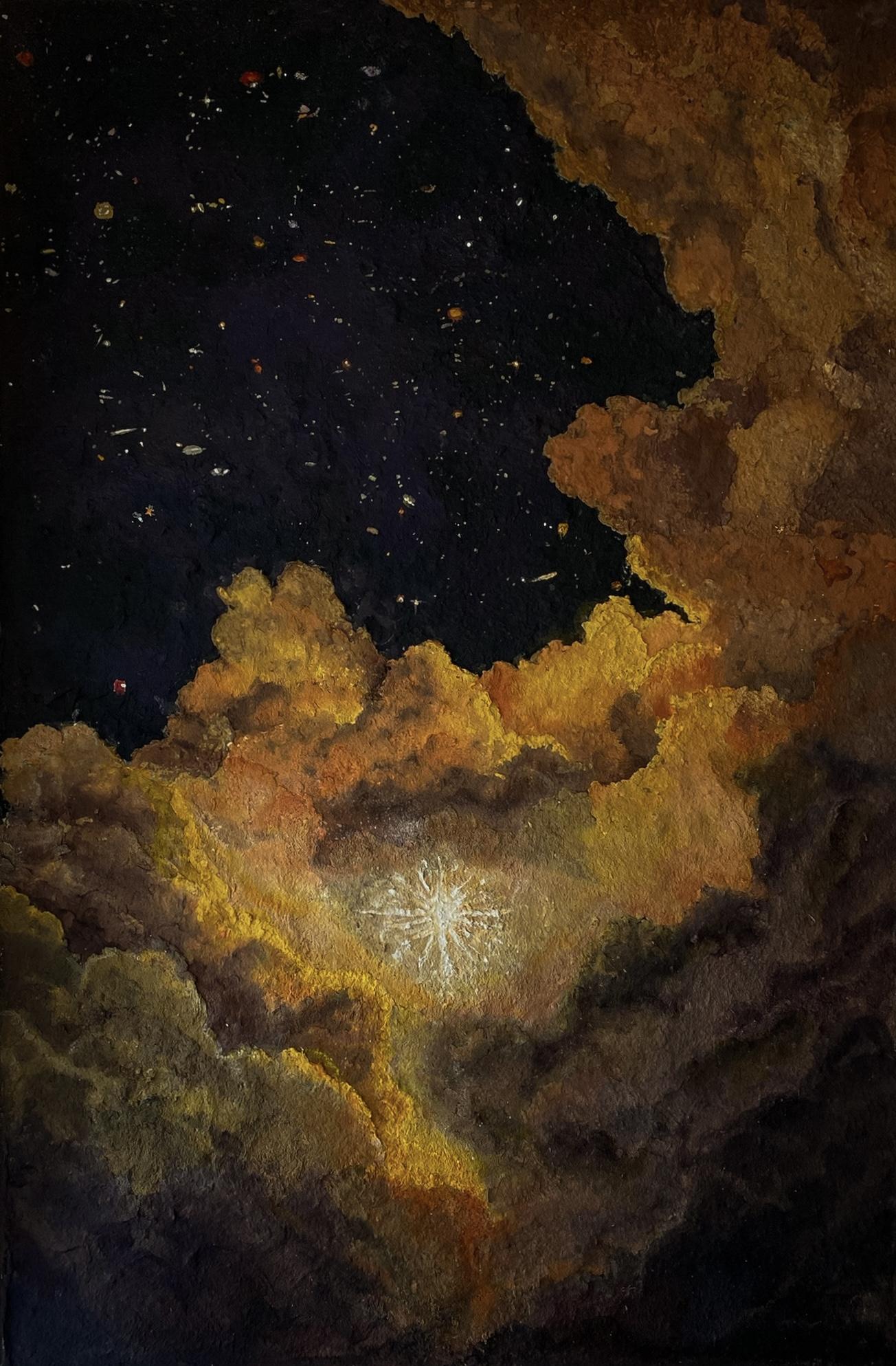A newly born star shoots off from the depths of the sky ready to enter their true home. It leaves the pillowy comfort of the golden clouds to embrace the endless, flat darkness. Stars and galaxies alike shine above in welcome of the new beacon of light.