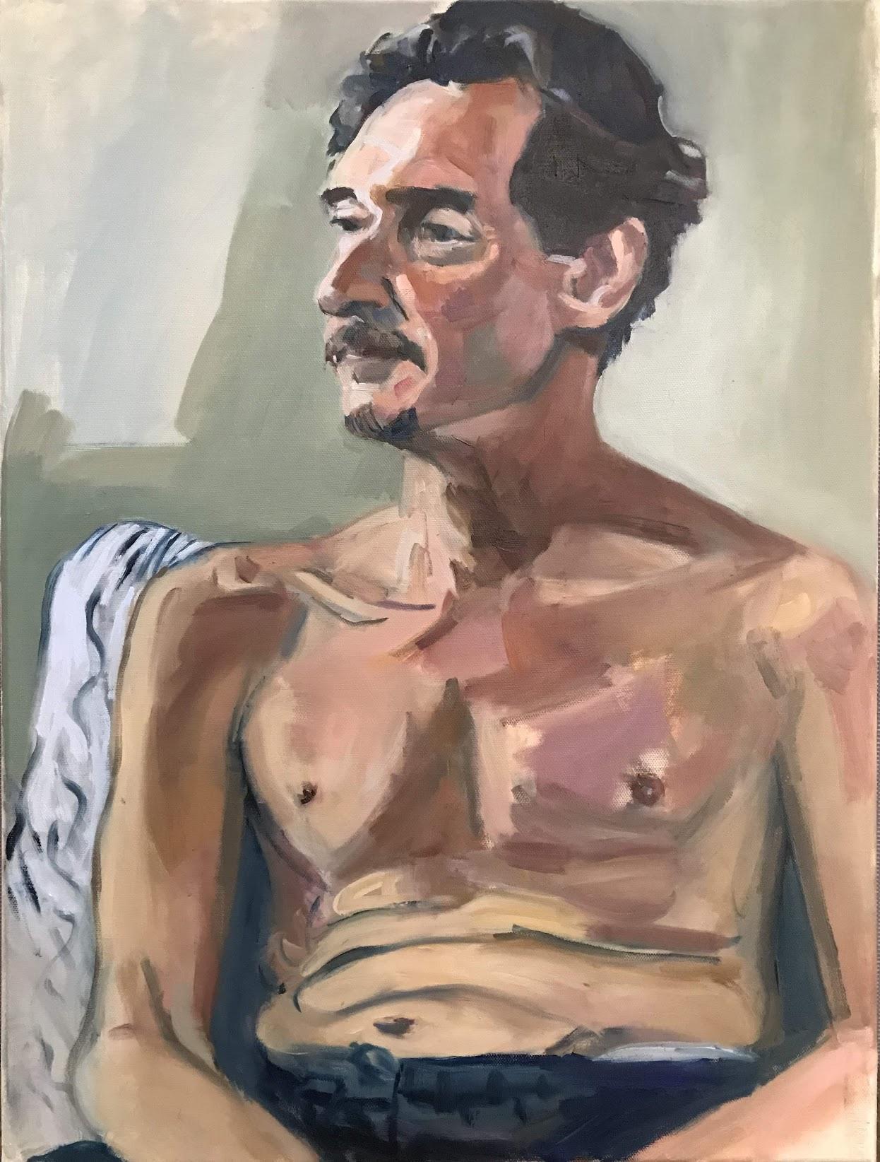Oil portrait of seated model, semi clothed, in natural lighting