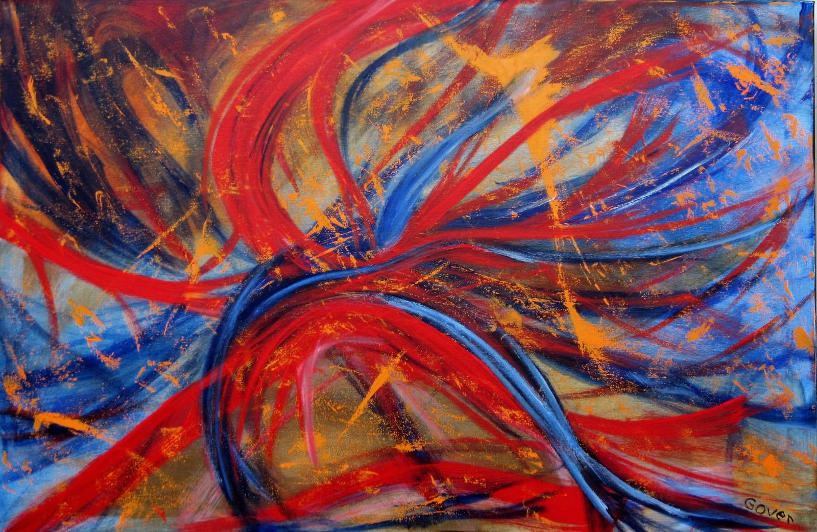 36" x 24" x 1" abstract/non objective acrylic on stretched canvas. Sides also painted. Hanger in back.