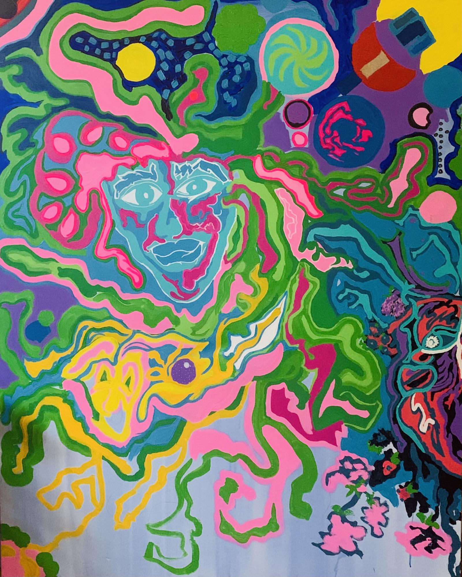 A fun piece reflecting the visions in my mind.  This is a good feeling piece with lots of energy.  The planets and faces are welcoming and playful.