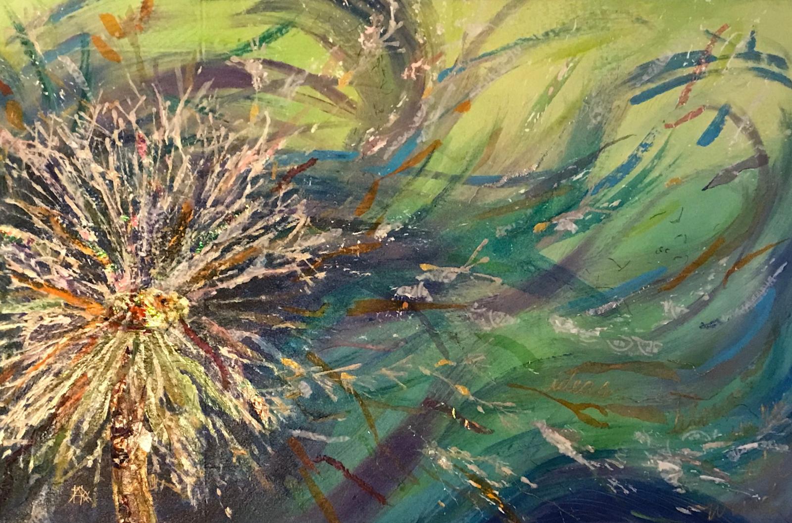 A mixed media piece that  uses the metaphor of a dandelion to share the feelings, ideas, projects, etc. just blown into the wind, not knowing when or where they may touch down to root.