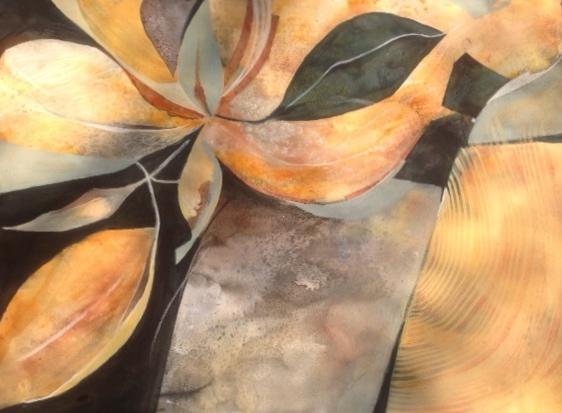 water media on paper, abstract of rocks and leaves, black, rust, cream, yellow