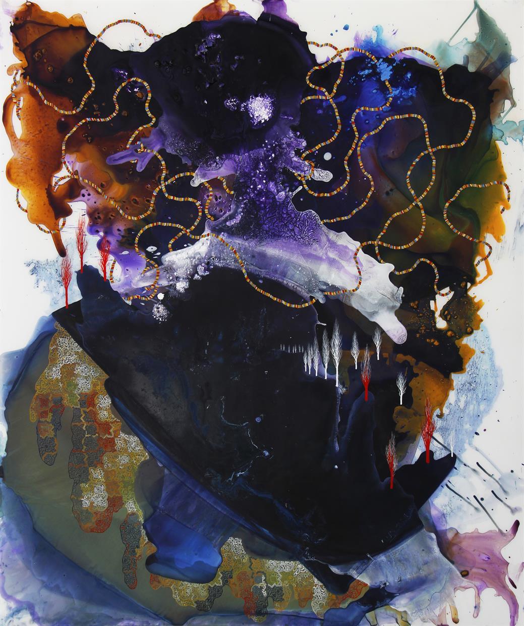 Each painting begins with initial layers of fluid acrylic paint over the painting support which is always placed flat on the studio floor. This process is later followed by an intensely controlled approach to painting that weaves in abstract and representational motifs in relation to the pours.