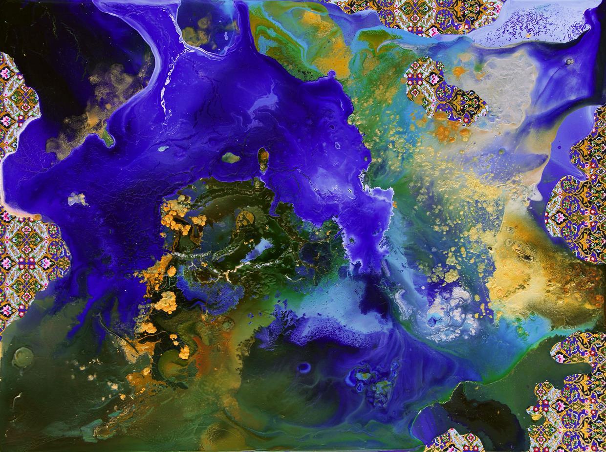 Each painting begins with initial layers of fluid acrylic paint over the painting support which is always placed flat on the studio floor. This process is later followed by an intensely controlled approach to painting that weaves in abstract and representational motifs in relation to the pours.