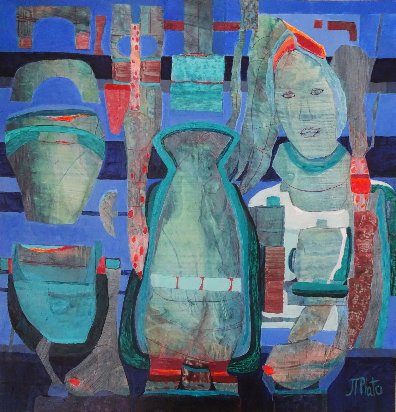 This is mainly an acrylic painting of an artist who creates unusual pottery.