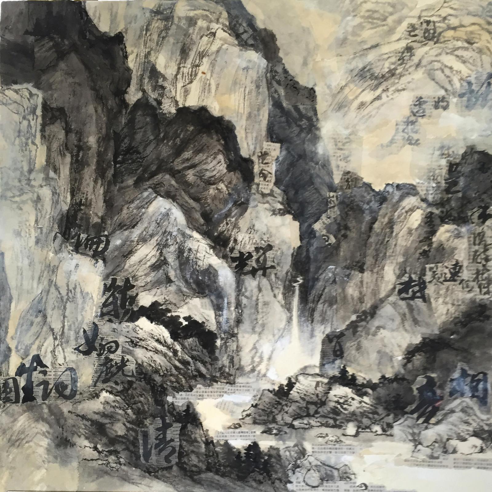 Landscape of Mountains collaged with Calligraphy of Chinese Poetry
