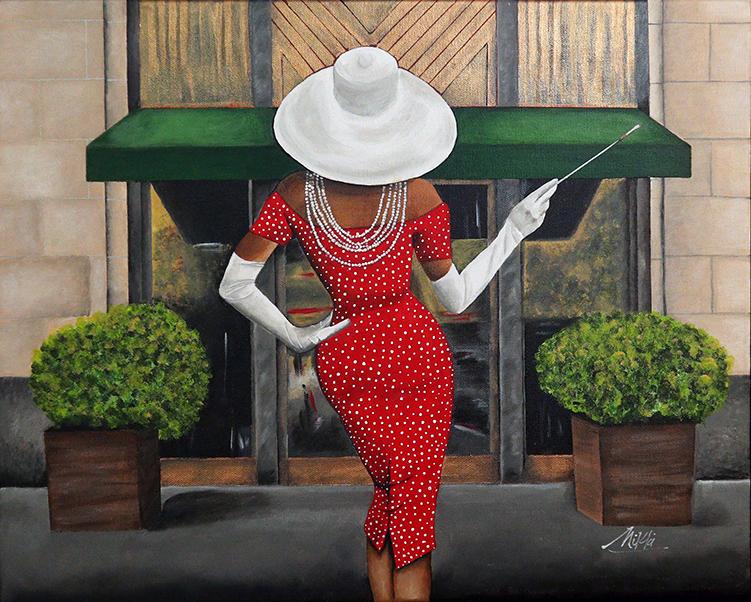 Beautiful acrylic painting of woman standing in front of a building holding a cigarette. What's her next move?