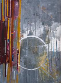 Mixed media abstract collage on paper. Part of "Unhinged Series" taken from design of salvaged doors.