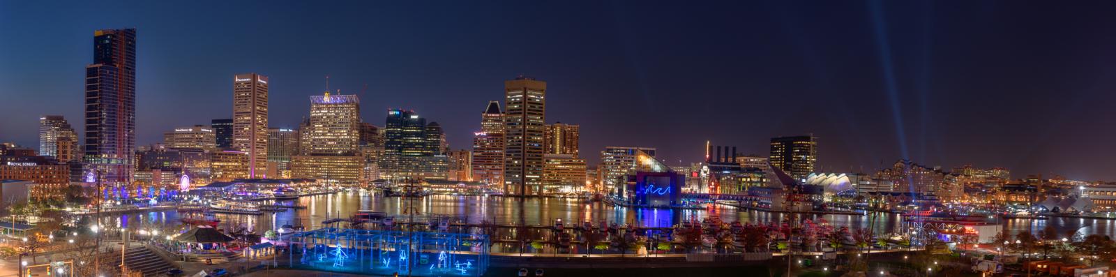 Panorama of Baltimore's Inner Harbor, at twilight