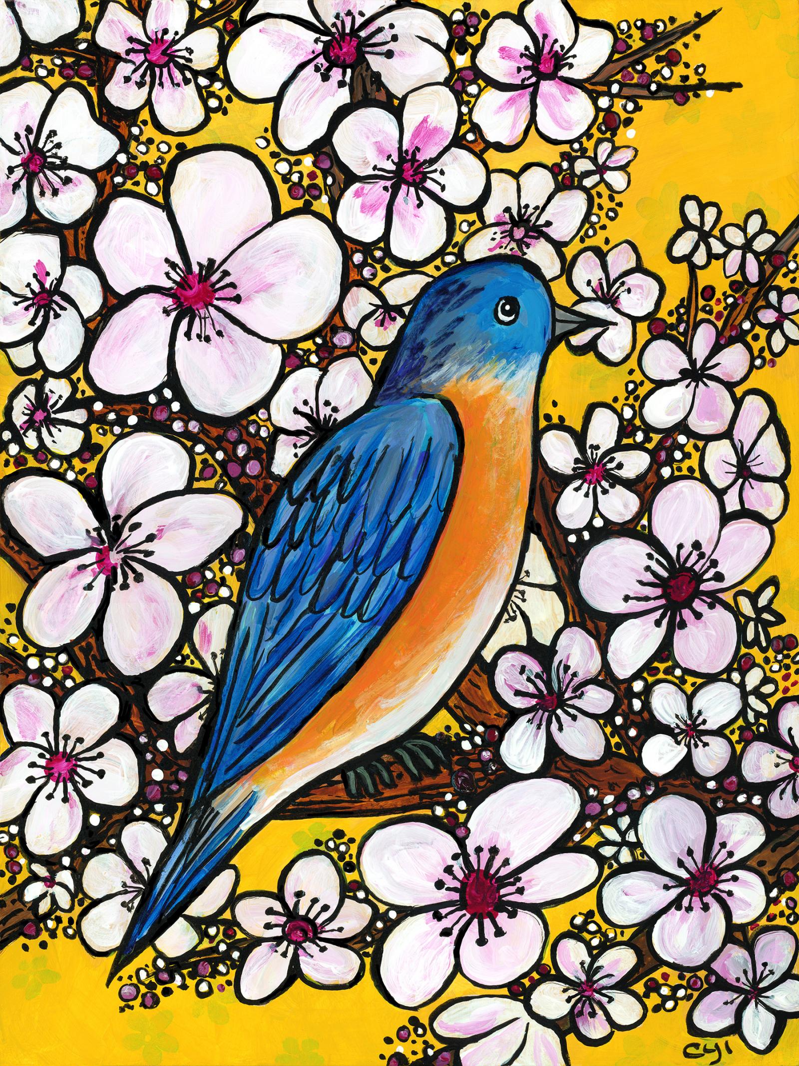 Original acrylic painting featuring a colorful bluebird on a cherry tree branch surrounded by cherry blossoms. The background is yellow. 