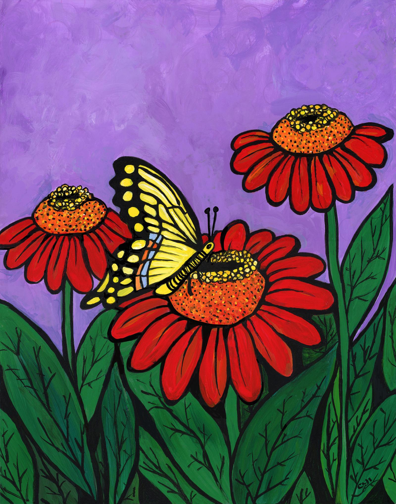 Original acrylic painting featuring yellow swallowtail butterfly amongst red zinnia flowers and green leaves. The background is purple. 
