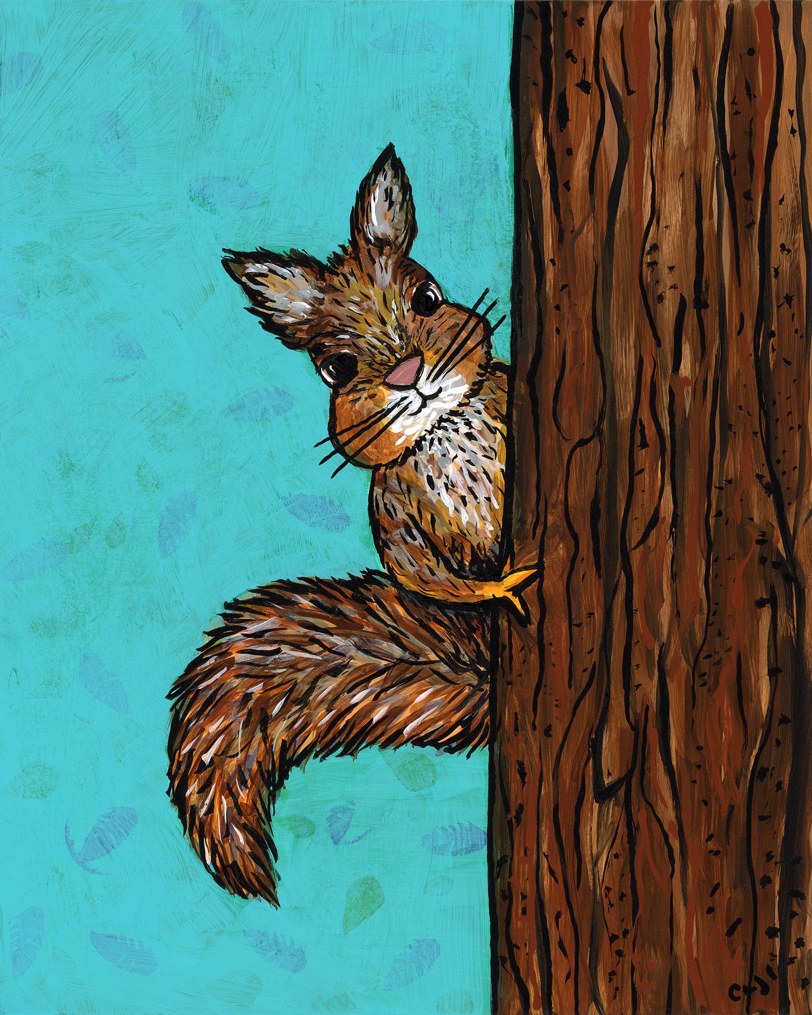 Original acrylic painting featuring a squirrel peeking at the viewer from around the trunk of the tree. The background is blue with light leaf stampings. 