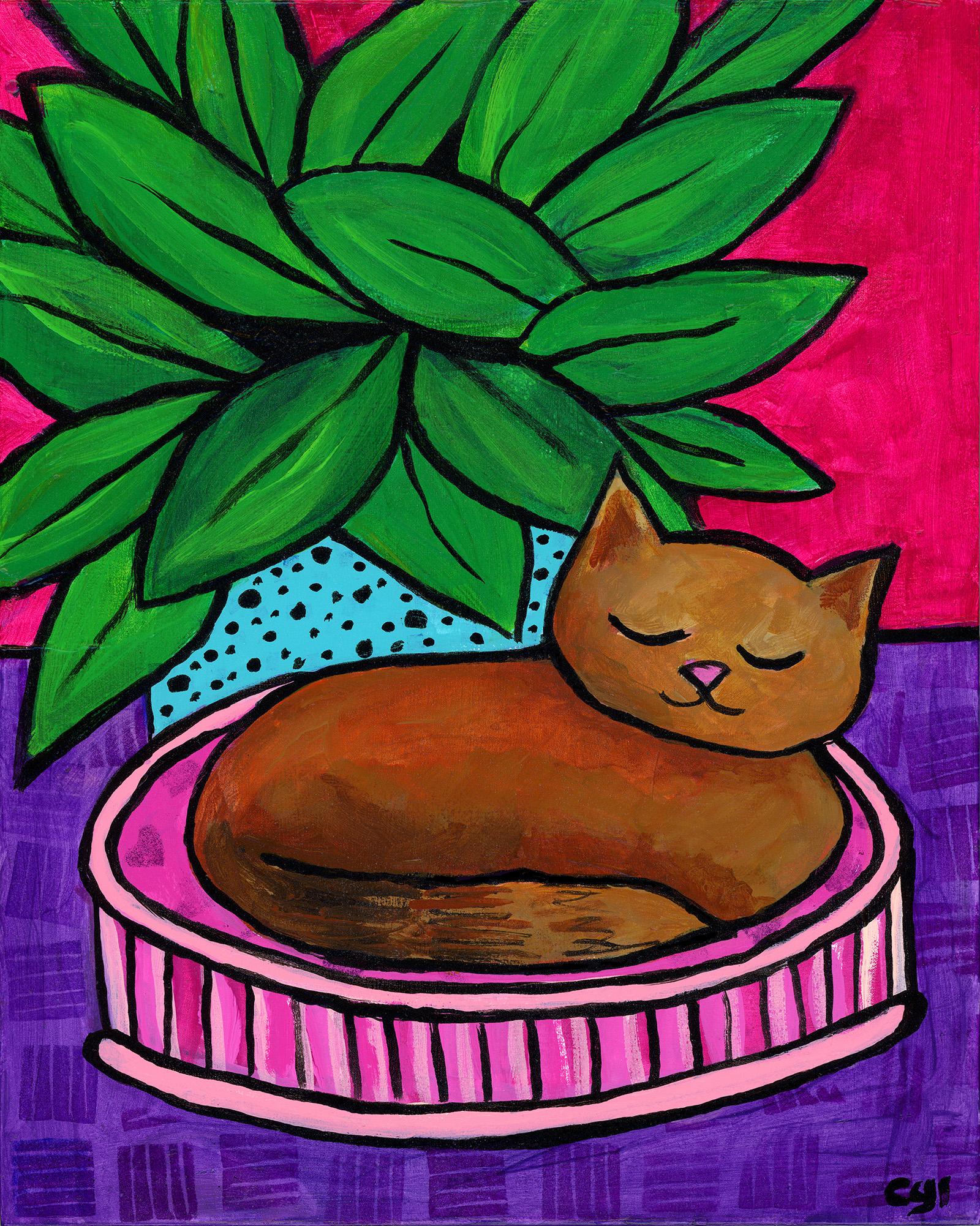Original acrylic painting featuring a brown cat sleeping on a pink pillow. A green plant sits behind the pillow in a light blue pot. The carpet is purple and the background is red. 