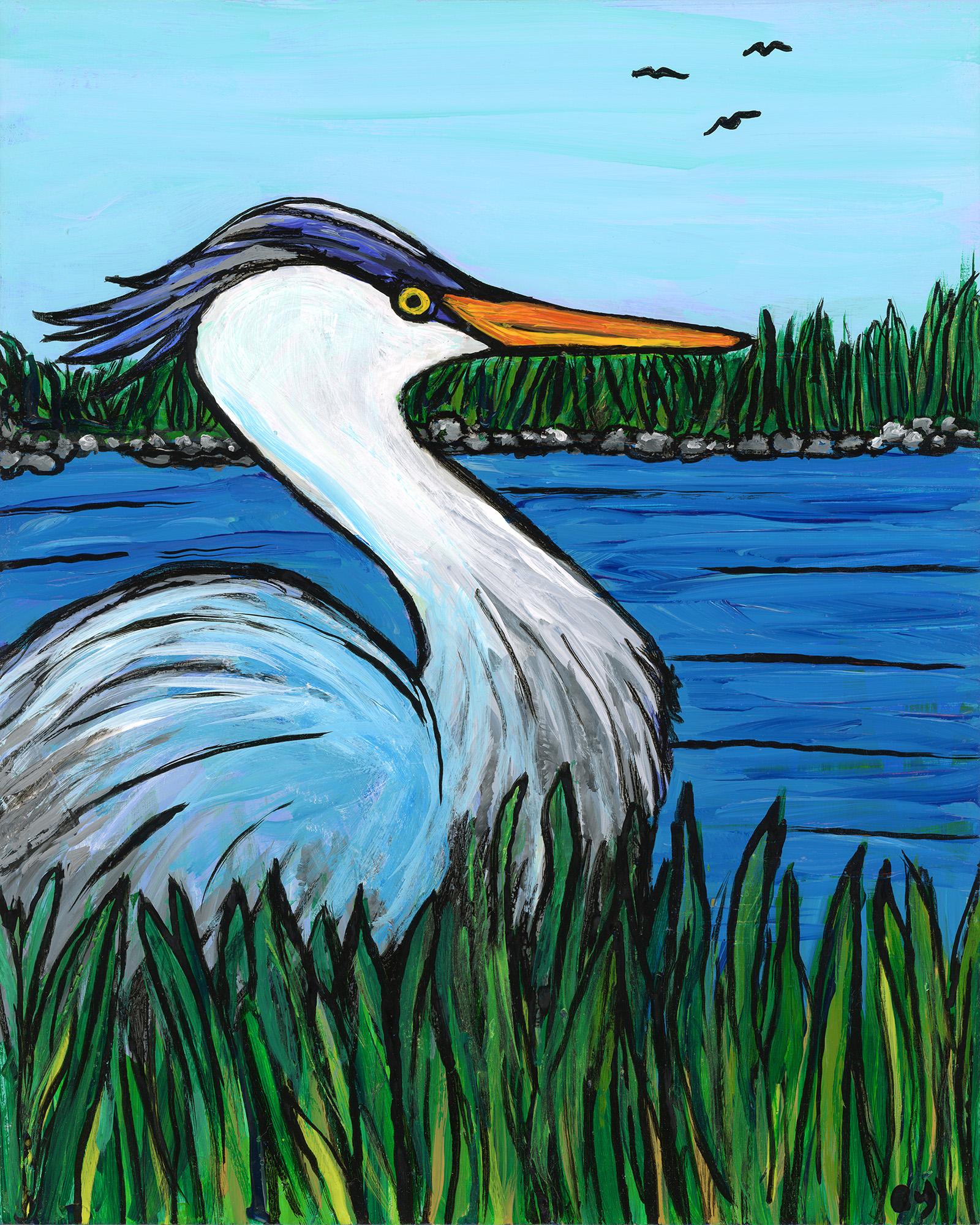Original acrylic painting featuring a great blue heron in the foreground. It stands amongst natural grasses. The background is water with a distant grassy shoreline. Three small birds are seen in the blue sky in the distance. 