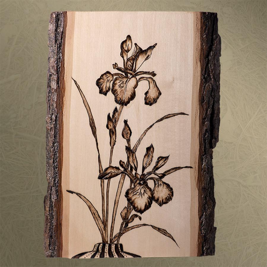 This Iris design is a unique, handmade item. Wood burned onto a basswood piece with natural bark edges.
