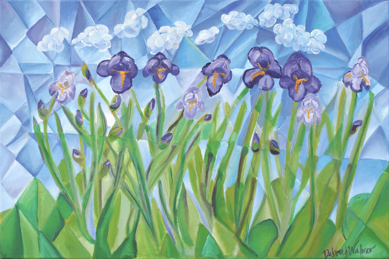 Cubism of elegant Irises with jovial clouds.