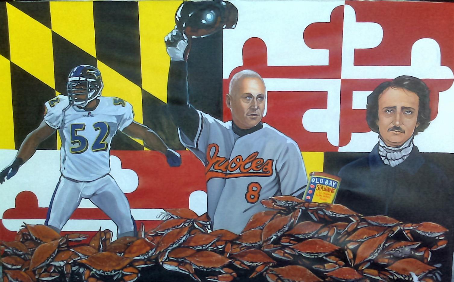A 4'by8' Oil on canvas of all things Maryland.
Cal Ripkin, Ray Lewis and Edgar Allen Poe along with old Bay and steamed crabs.