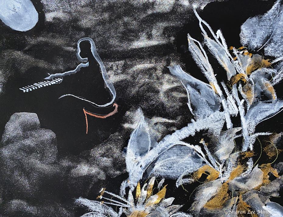 This is a series of five drawings using Caran d'Ache sticks. Emphasis is on lines and contrasting white on black xuan paper.