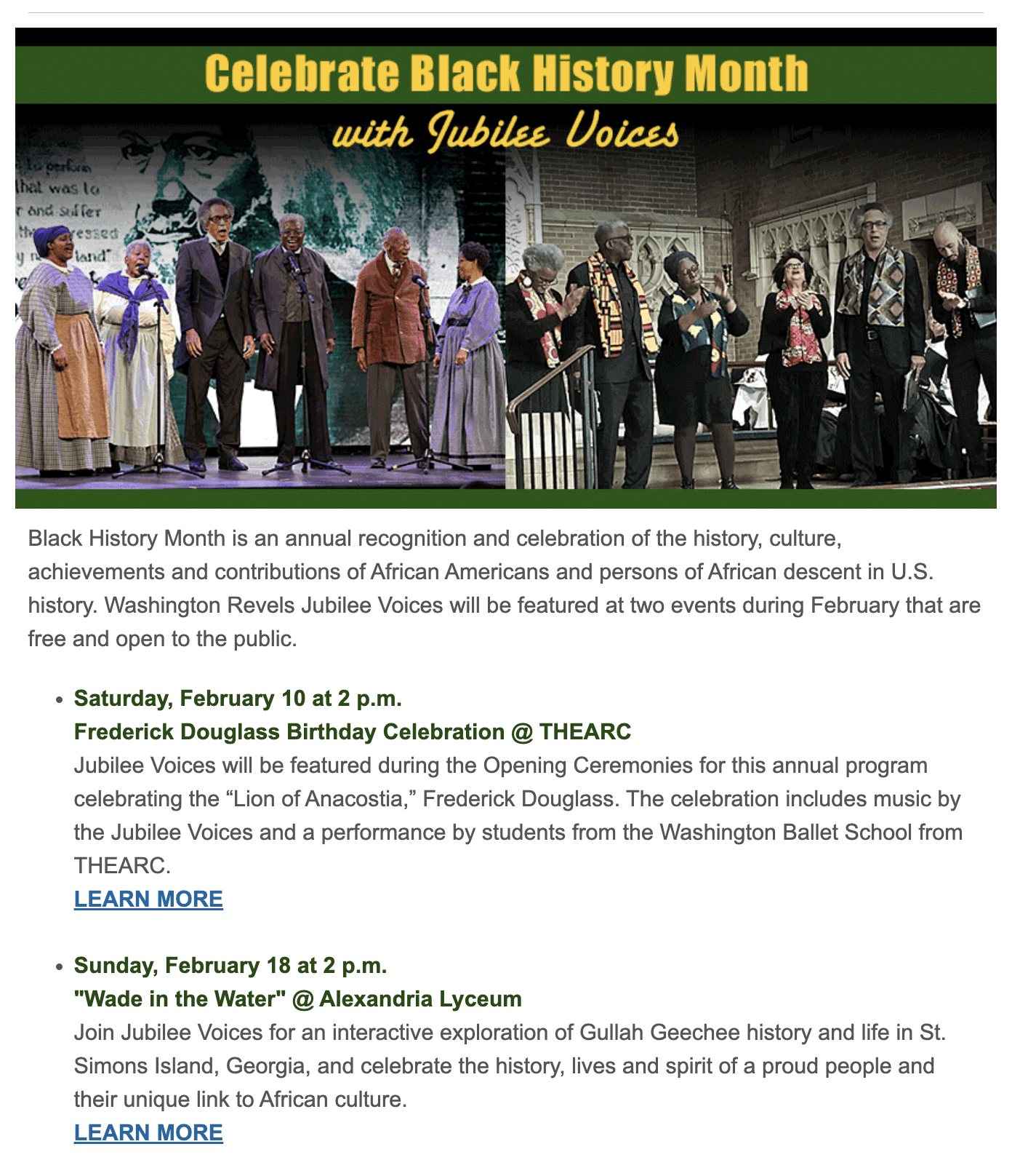 Listing of Jubilee Voices activities during 2025 Black History Month
