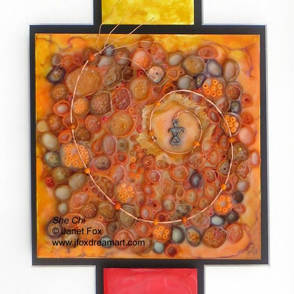 This complete art piece includes 7 squares, each representing one of the chakra regions of a human being. The orange, second chakra area is emphasized, with thin o-shaped coils of handwritten, egg and ovary-themed notepaper embedded in multiple layers of pigmented encaustic. A variety of round or egg-shaped beads fill many, but not all of the coils. Finally, the feminine charm in the painting’s center, perhaps symbolizing a sort of kundalini experience, provides the energy to push forth its truth.