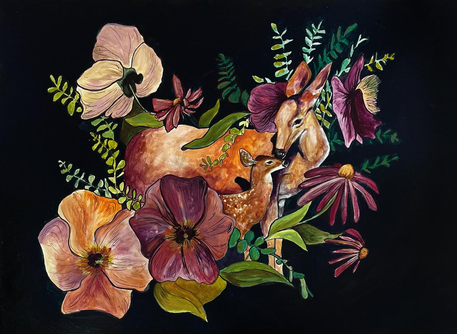 Madonna and Child is inspired by the bond between a mother and child. Referencing religious artworks, this form of interpretation introduces a new outlook on Holiness, that being nature. Deer are animals that are common and often overlooked. By putting them in such a spotlight, you are encouraged to consider their majestic presence, while identifying, and relating to their depicted relationship.